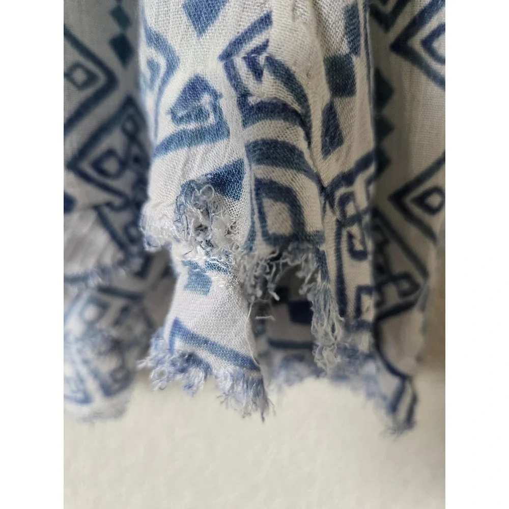 Free People Blue White Pintuck Tassels Boho Mini Dress Large Oversized Lace Cuff